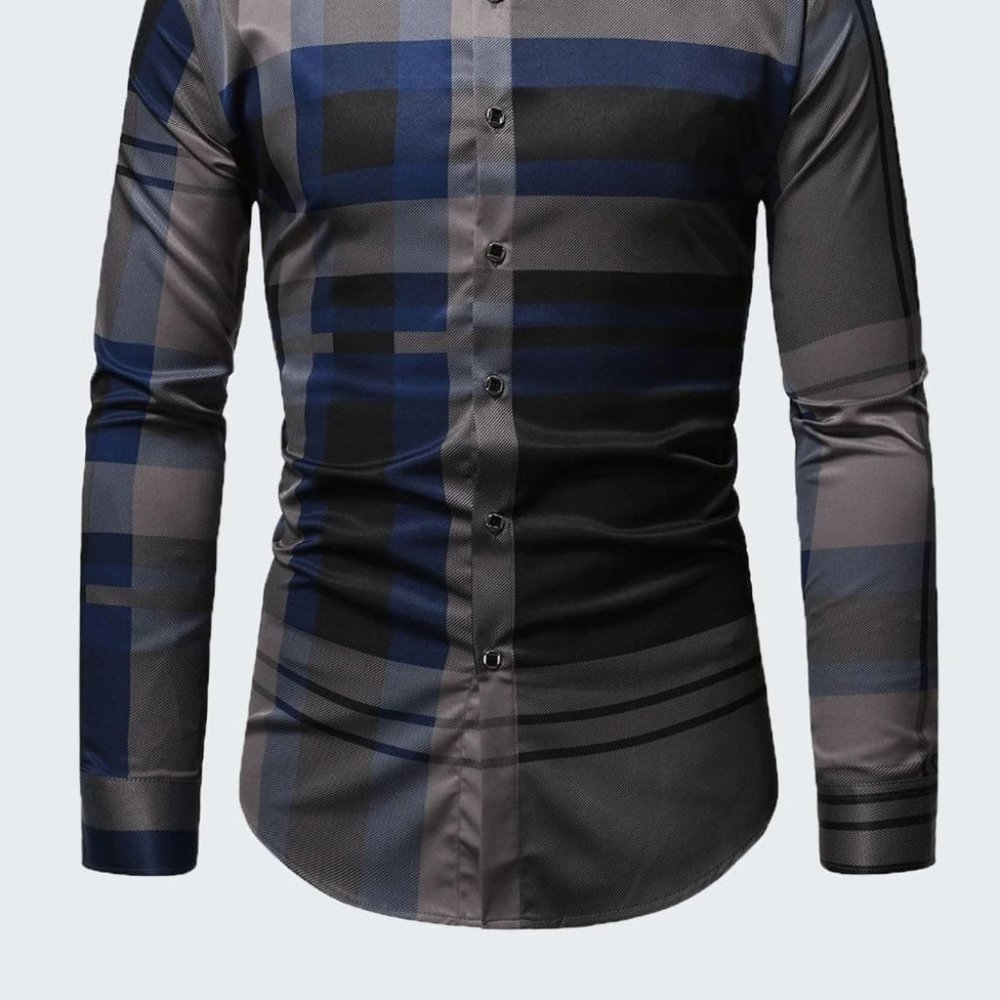 Business Casual Blue Men's Plaid Print Shirt - Picture 3 of 9